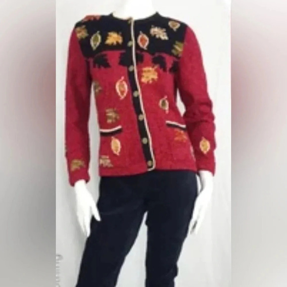 Vntge South Cotton Fall button up Cardigan Hand Loomed Autumn Leaf Pattern Sz XL - Picture 2 of 11